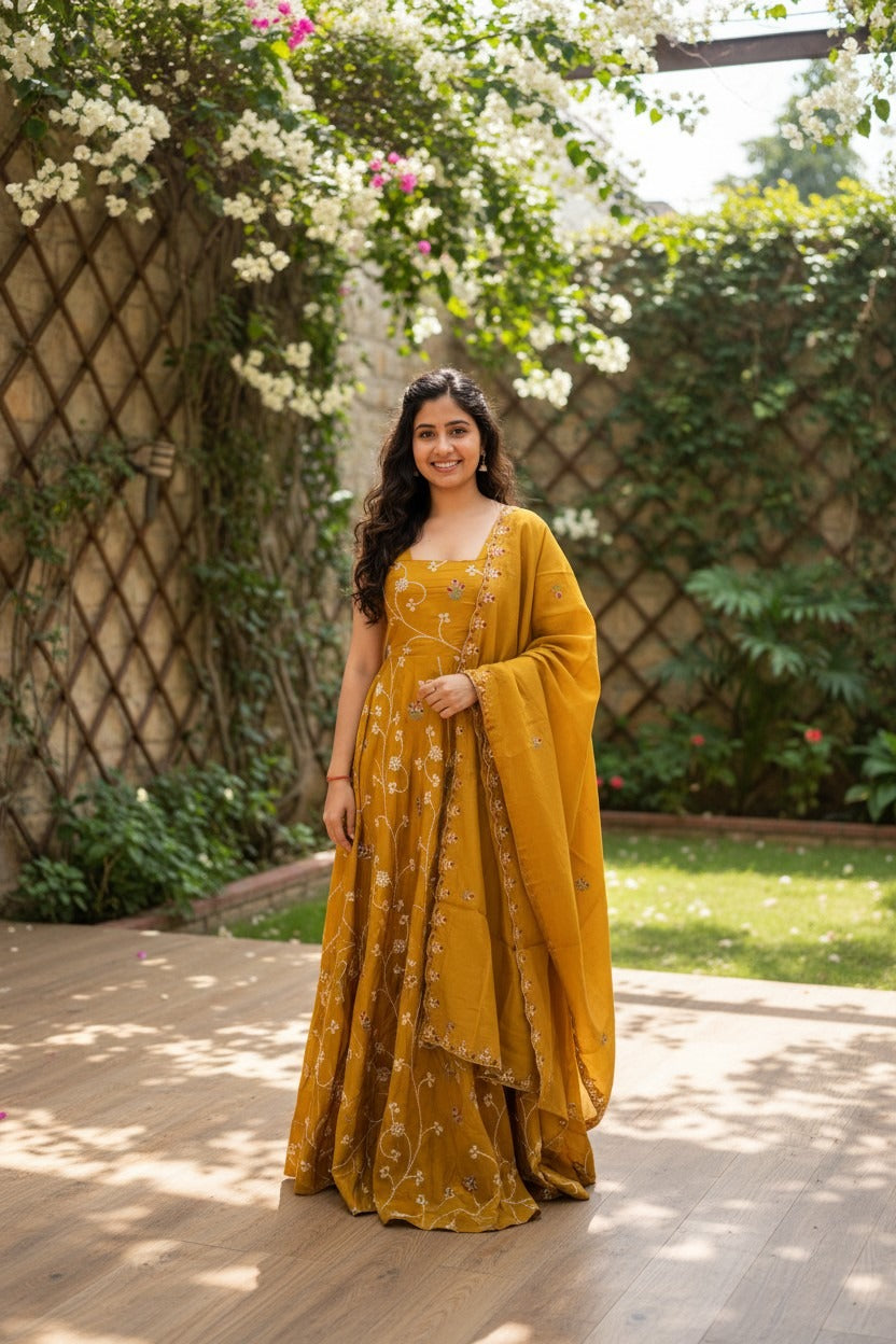 Mustard yellow,Thread Embroidered Maxi Suit