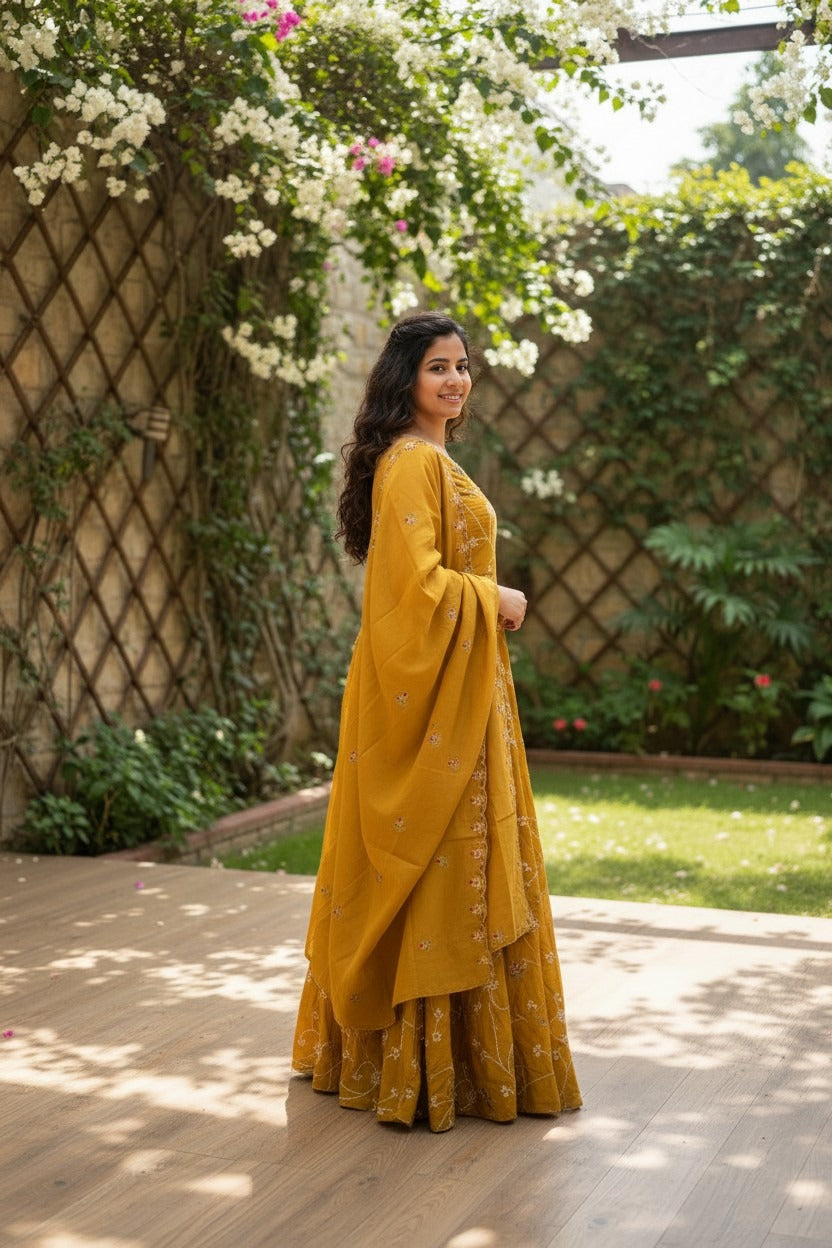 Mustard yellow,Thread Embroidered Maxi Suit