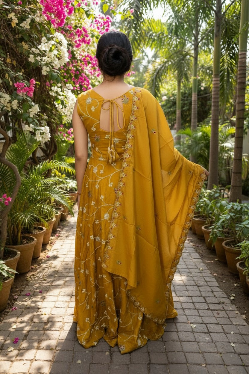 Mustard yellow,Thread Embroidered Maxi Suit