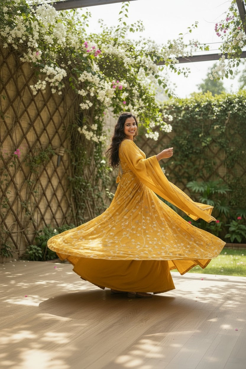 Mustard yellow,Thread Embroidered Maxi Suit
