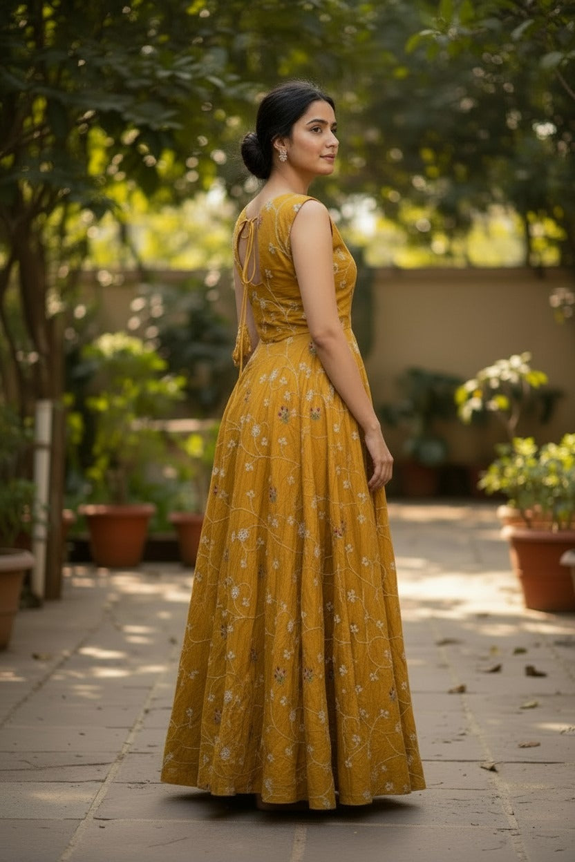 Mustard yellow,Thread Embroidered Maxi Suit