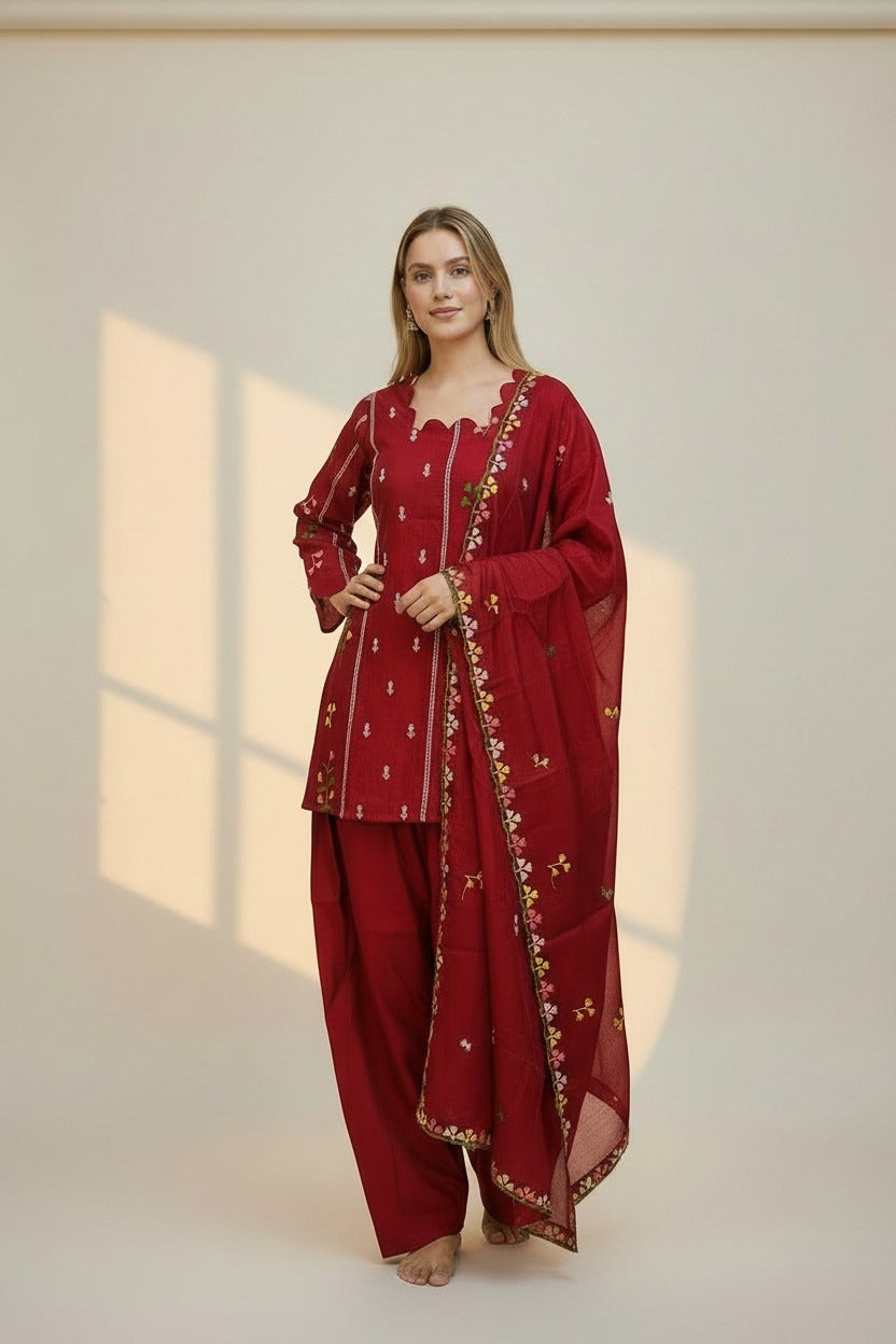 Maroon, Thread Embroidered Farshi Salwar Suit Set