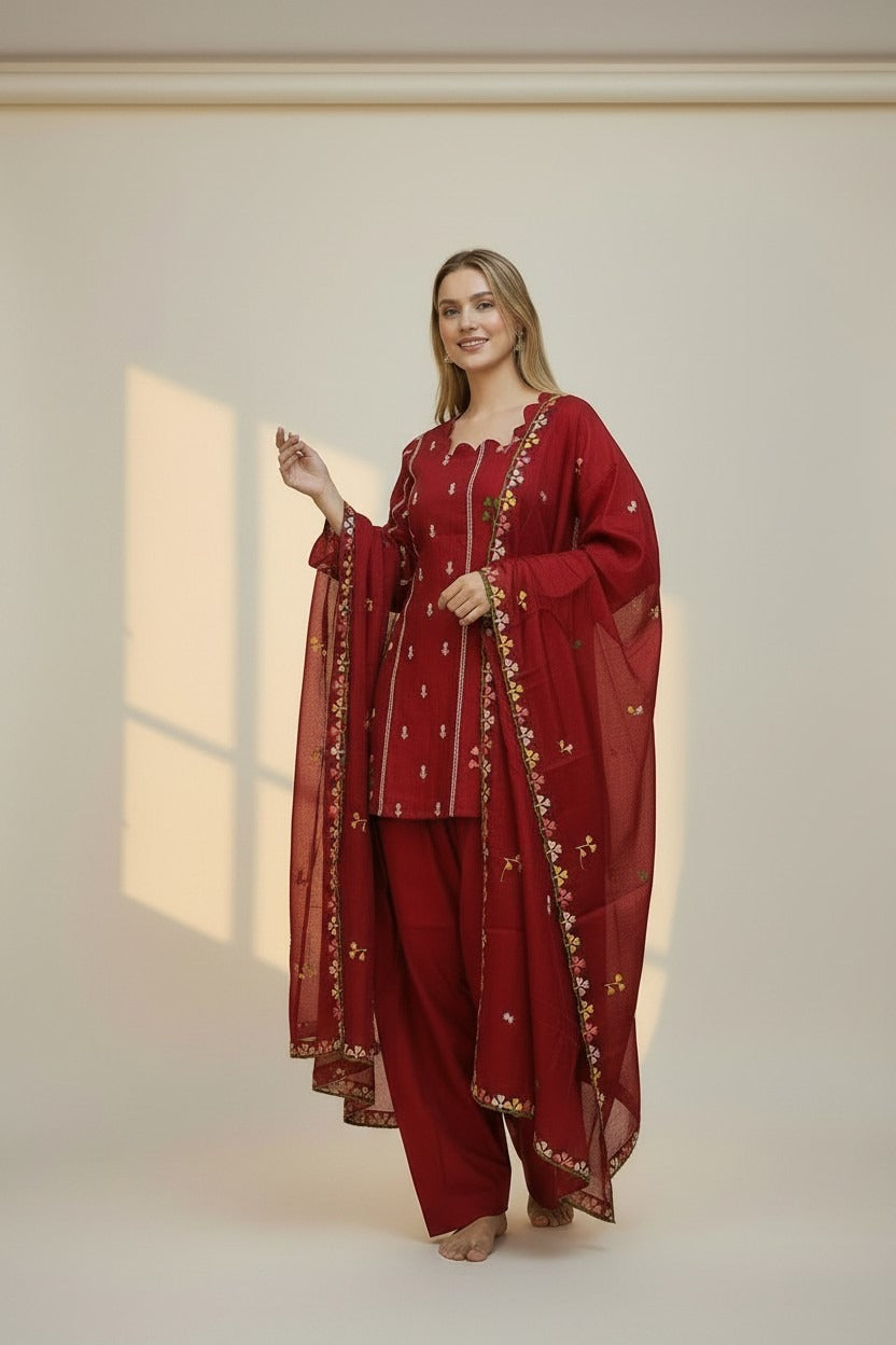 Maroon, Thread Embroidered Farshi Salwar Suit Set