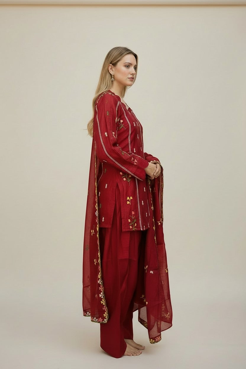Maroon, Thread Embroidered Farshi Salwar Suit Set