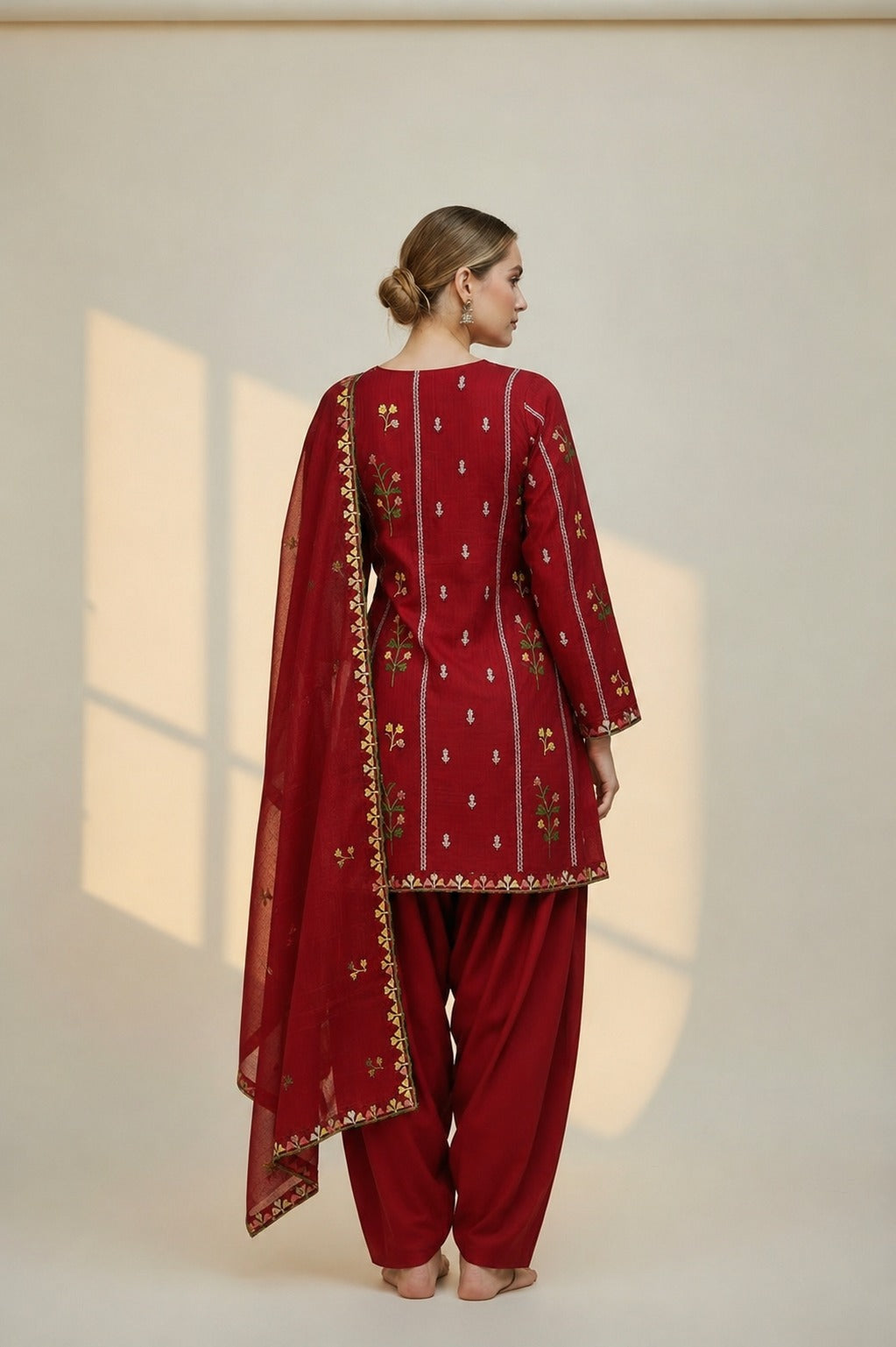 Maroon, Thread Embroidered Farshi Salwar Suit Set