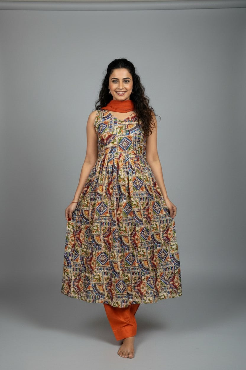 Multicoloured kalamkari Anarkali Suit Set