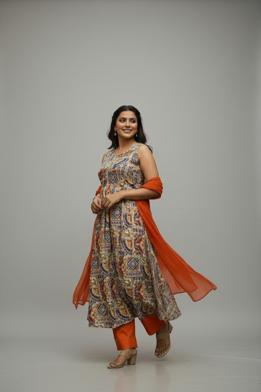 Multicoloured kalamkari Anarkali Suit Set