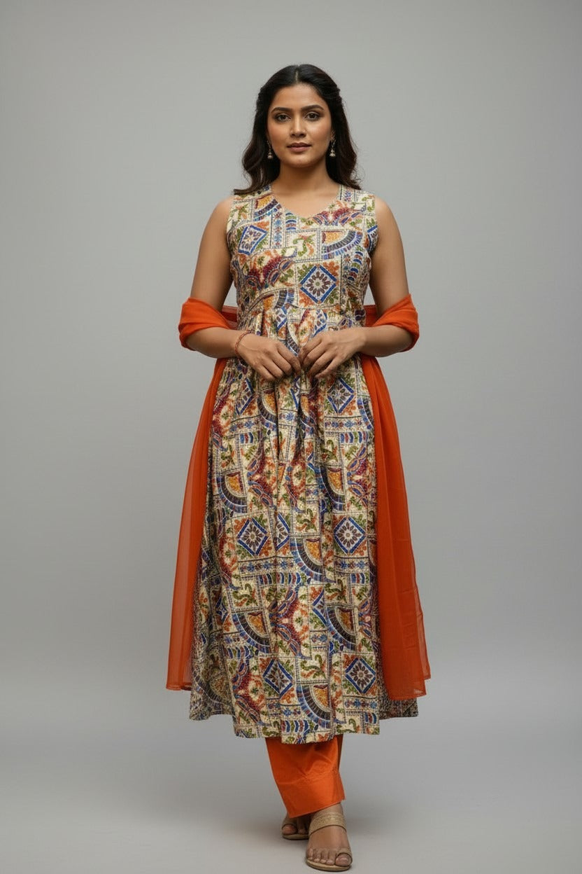 Multicoloured kalamkari Anarkali Suit Set
