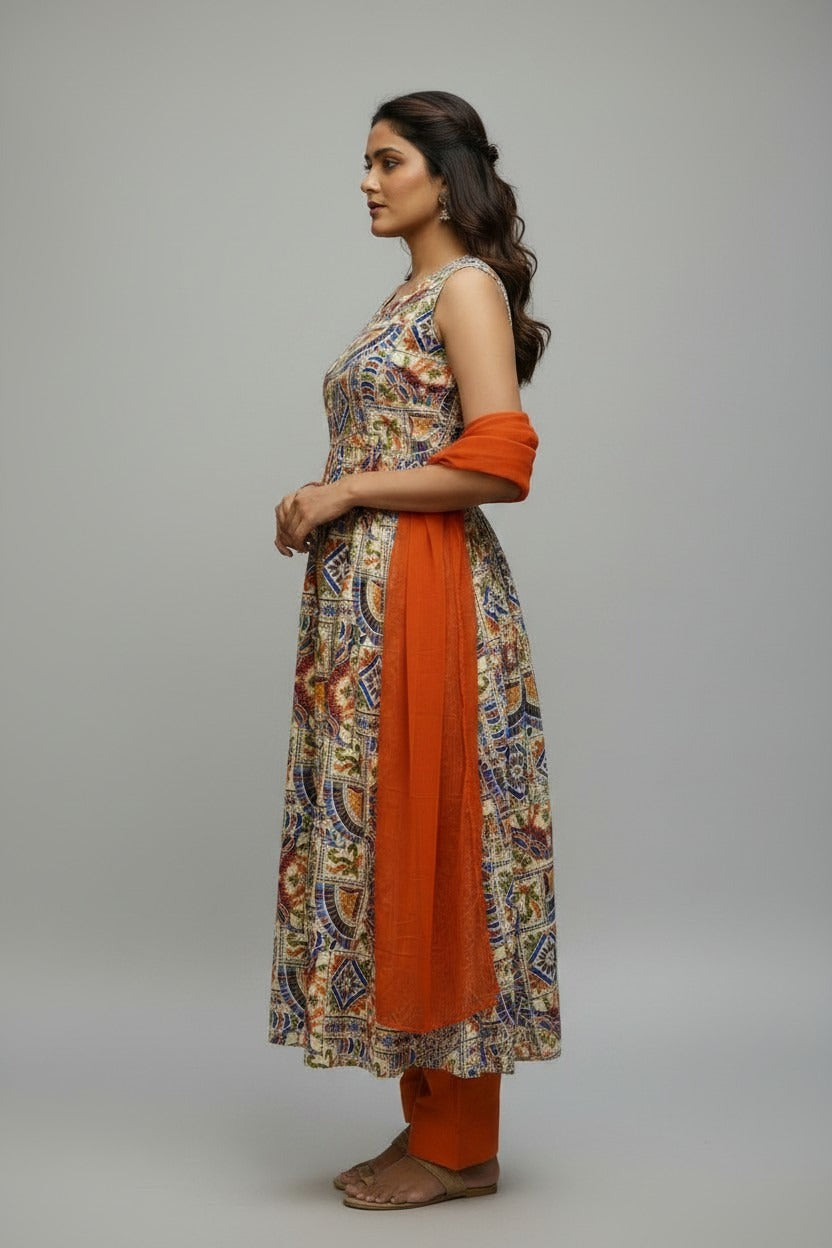 Multicoloured kalamkari Anarkali Suit Set