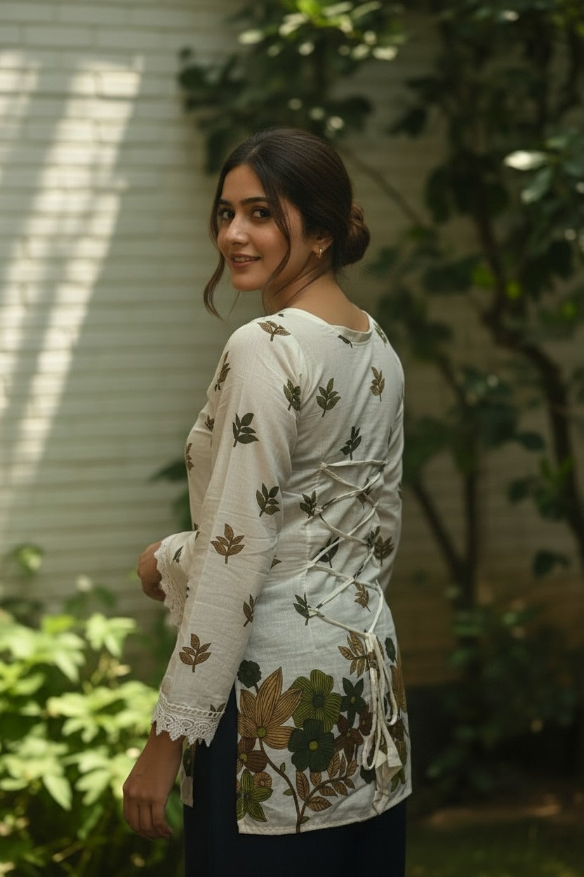 White Cotton Corset Back Full Sleeves Kurti