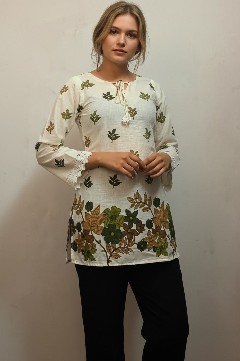 White Cotton Corset Back Full Sleeves Kurti