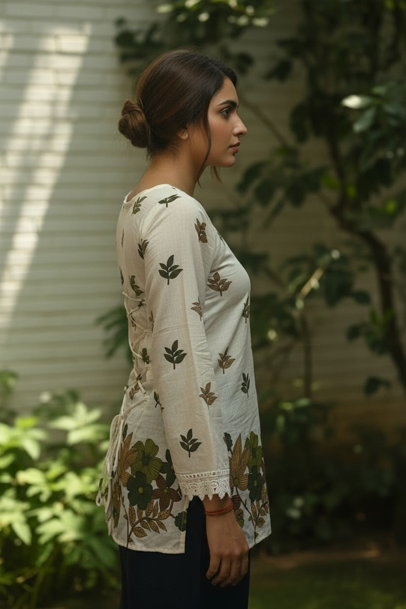 White Cotton Corset Back Full Sleeves Kurti