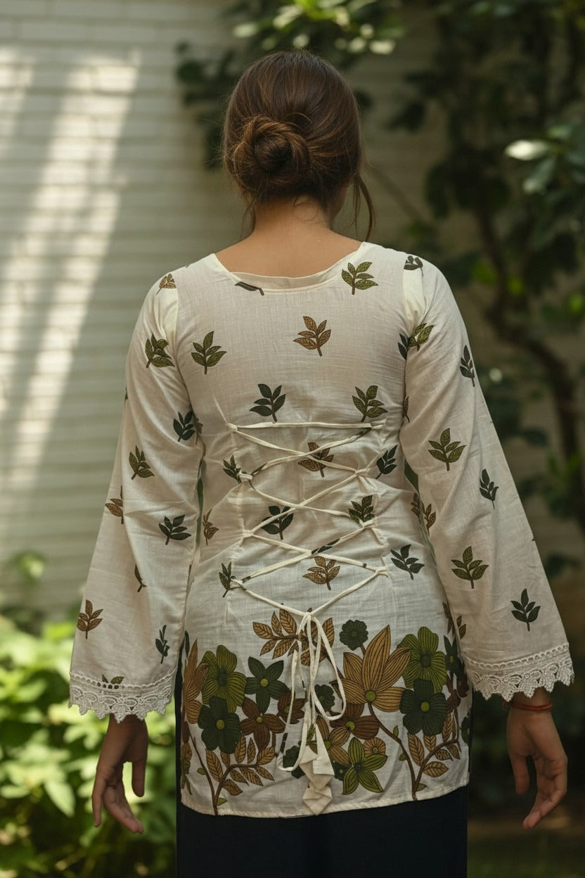 White Cotton Corset Back Full Sleeves Kurti