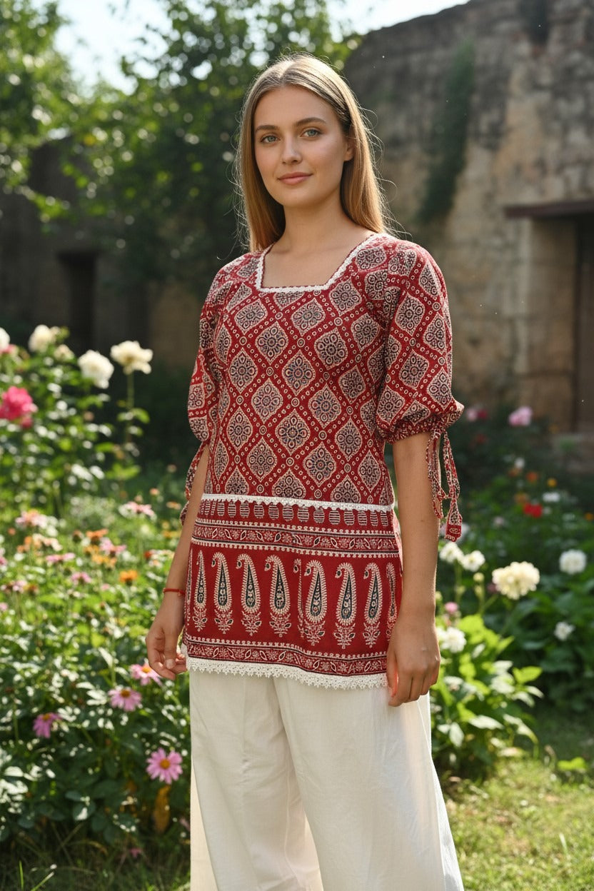 Red Cotton Puff Sleeves Kurti