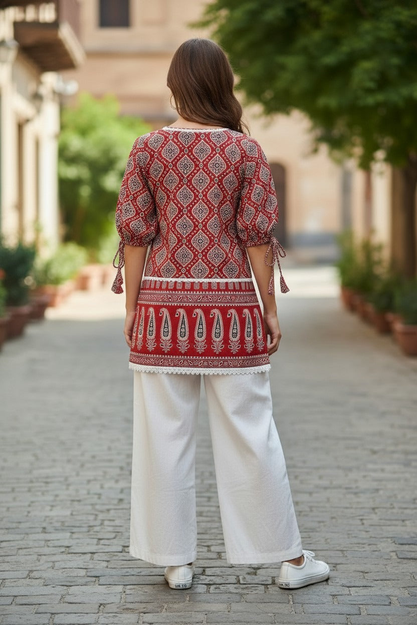 Red Cotton Puff Sleeves Kurti