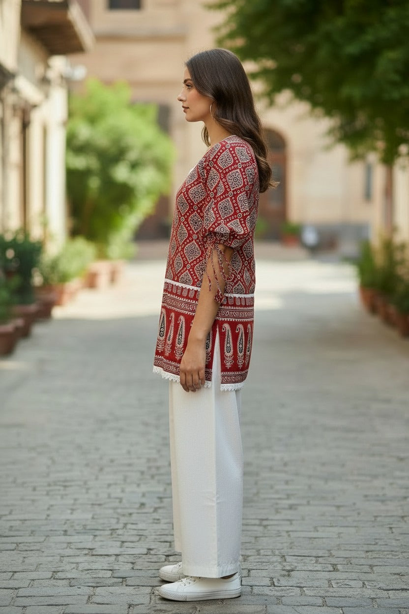 Red Cotton Puff Sleeves Kurti