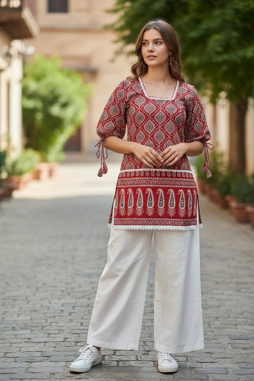 Red Cotton Puff Sleeves Kurti